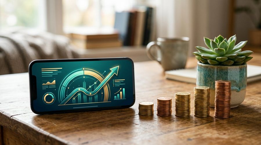Smartphone showing an improving credit score beside growing stacks of coins