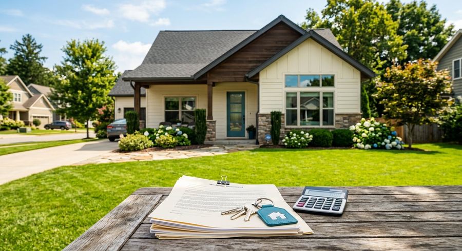 Modern suburban home with mortgage paperwork and keys on an outdoor table