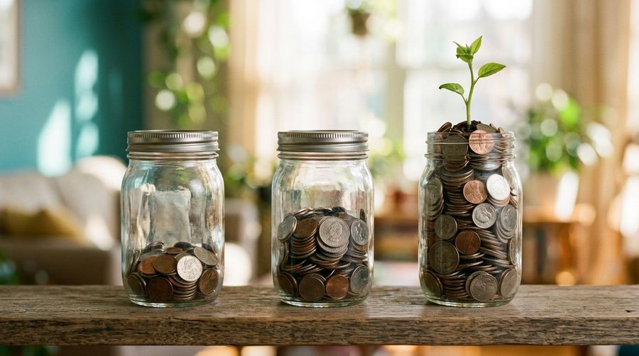 Glass jars of coins at increasing levels with a sprout growing from the fullest jar