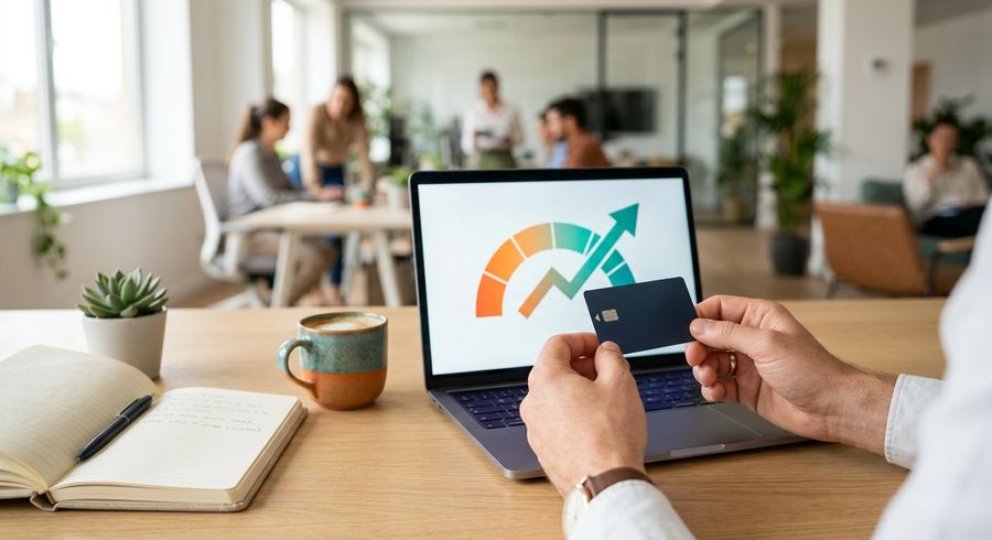 Credit card and laptop displaying a rising credit score