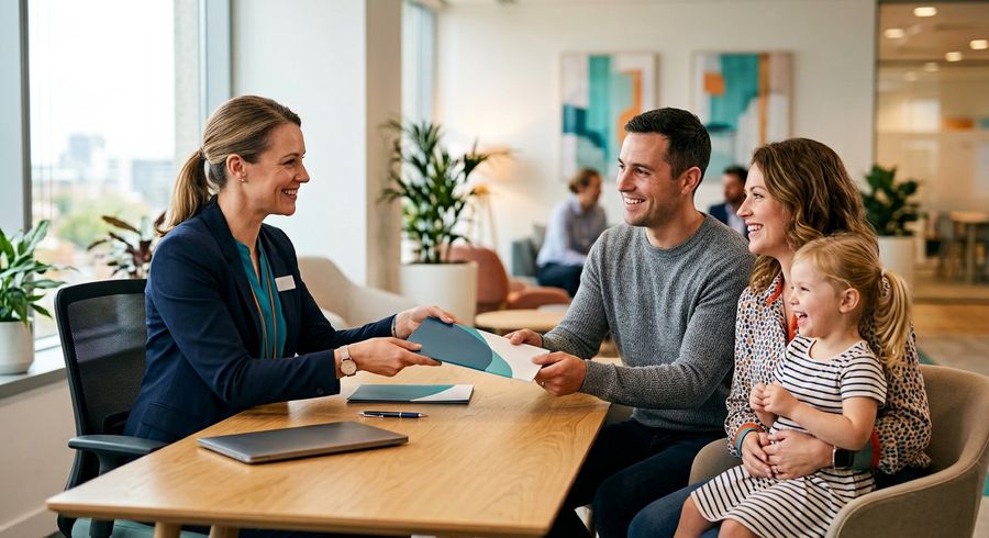 Insurance advisor handing a policy document to a young family