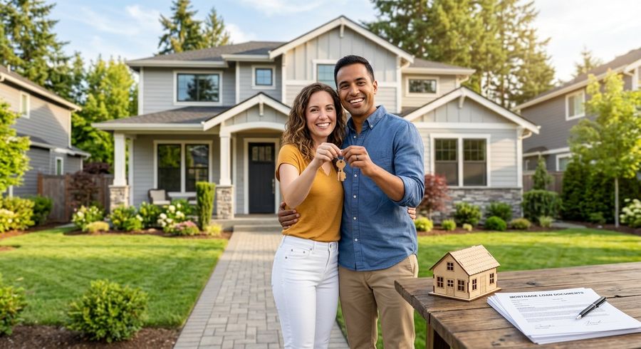 Couple with house keys in front of their new home
