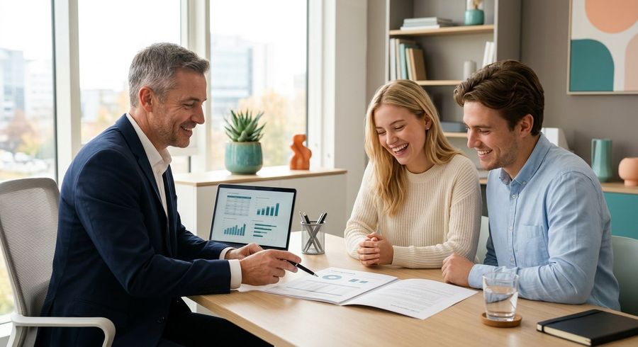 Advisor explaining personal loan options to a couple at a desk