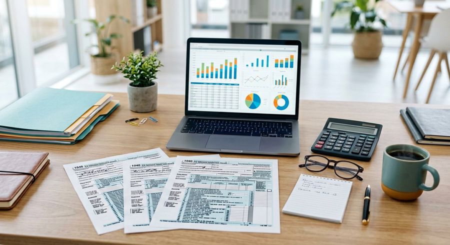 Tax forms, calculator and laptop on an accountant's desk