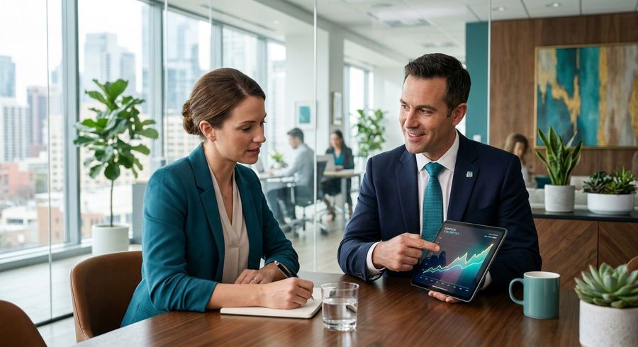 Advisor showing an investment growth chart to a client on a tablet